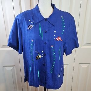 Ultra Dress Blue Linen Blend Top Blouse Button Embroidered Fish 14P